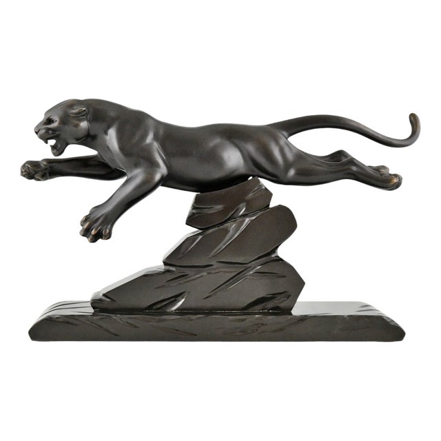 H. Gual, Art Deco Panther Sculpture, 1930, Metal & Marble For Sale