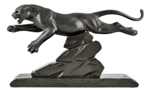 H. Gual, Art Deco Panther Sculpture, 1930, Metal & Marble