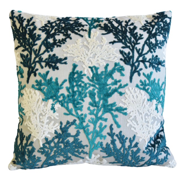 Mid-Century Modern Nautical Coastal Teal, Aqua, White & Blue Coral Cut Velvet Feather/Down Pillow 23" Square For Sale - Image 3 of 5