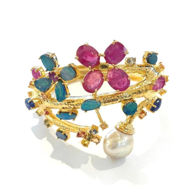 Bochic "Capri" Natural Ruby, Sapphire & Blue Opal Bangle Set In 18k Gold&Silver For Sale - Image 18 of 18