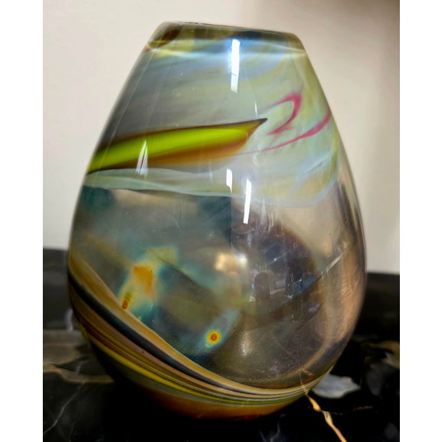 Steve Tobin ovoid purple art glass vase with a red and white cloud horizon and stylized cactus, signed Tobin, 5 1/2" ht....