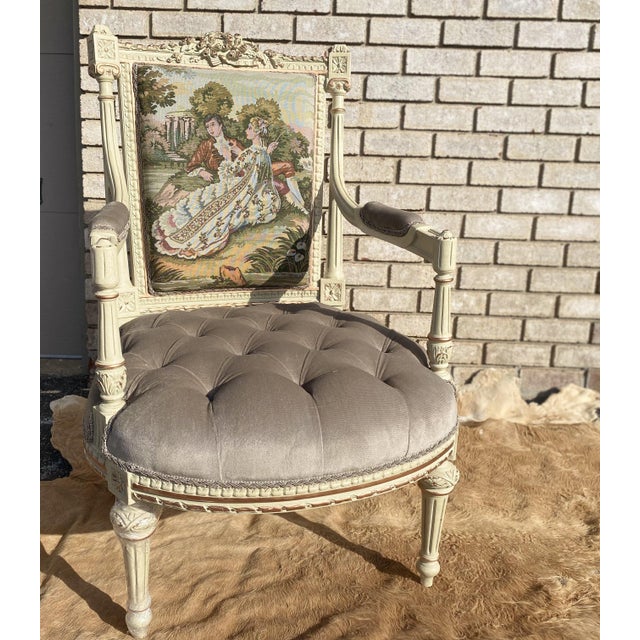 Gray Louis XV French Style Settee, Empire Walnut Armchair For Sale - Image 8 of 10