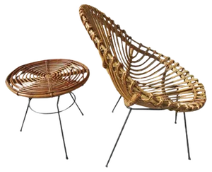 Set of Italian Rattan Egg Chairs and Small Table Set, 1950s