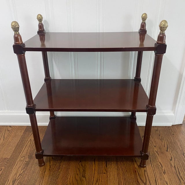 Vintage Late 20th Century Three-Tiered Bar Cart or Buffet Serving Table With Brass Pineapple Finials For Sale - Image 4 of 8