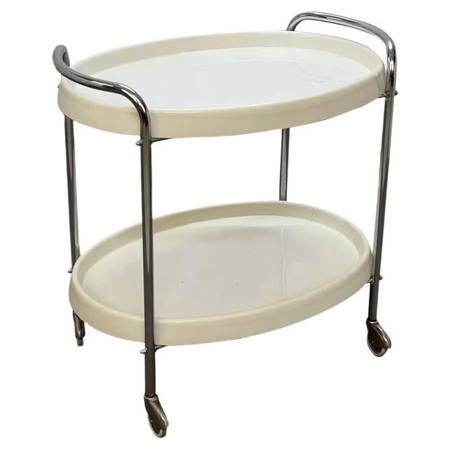 Mid-Century Italian Oval White Plastic and Metal Chrome Bar Cart, 1950s For Sale