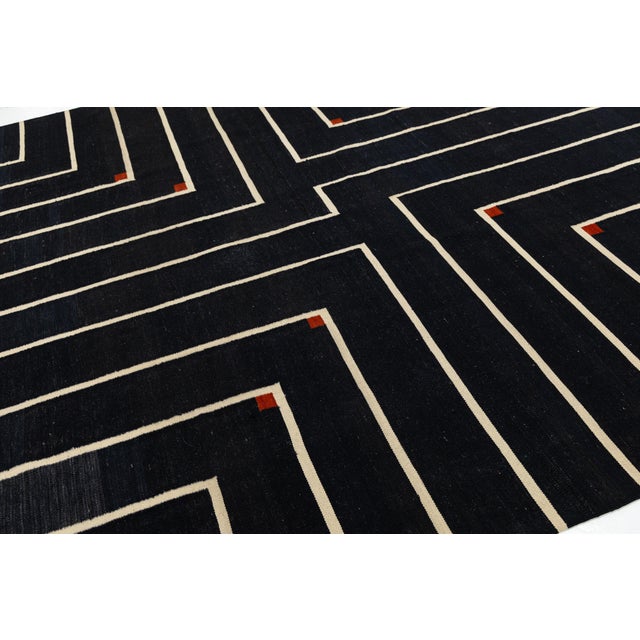 2020s Modern Geometric Kilim Wool Rug With Architectural Line Art & Crimson Accents For Sale - Image 5 of 12