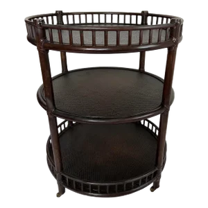 1990s McGuire Three Tier Ebonized Rattan Rolling Bar Cart