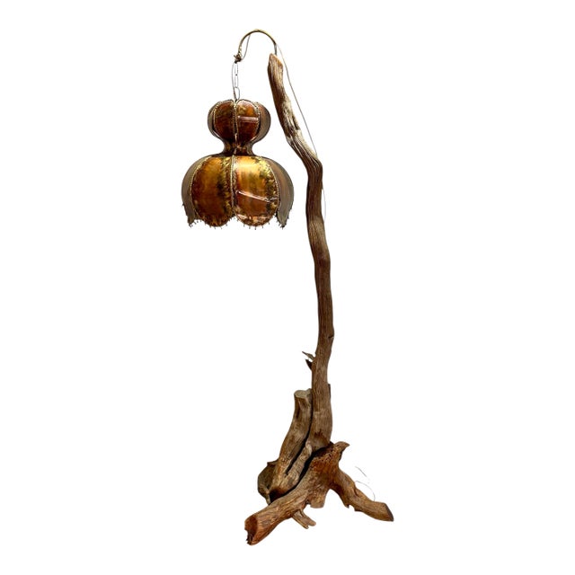 1970s Brutalist Sculptural Driftwood and Torch Cut Copper Floor Lamp For Sale