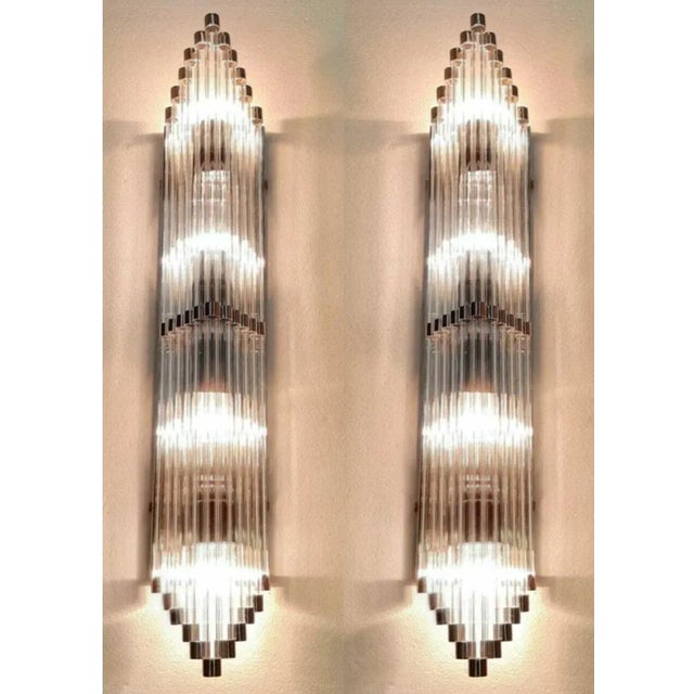 Art Deco Pair Skyscraper Vintage Art Deco Light Old Lamp Wall Sconces Fixture Nickel Brass & Glass Rod Ship Light For Sale - Image 3 of 4