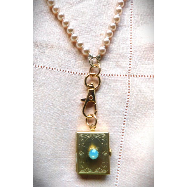 1980s Vintage Four Photo Etched Locket, Pink Pearl Chain, Faceted Pacific Opal Stone, Lobster Claw For Sale - Image 5 of 12