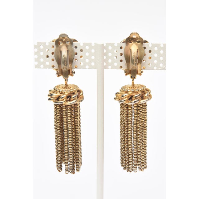 Vintage Signed Schiaparelli Gold Plated Tassel Dangle Clip on Earrings, Pair Of For Sale In Miami - Image 6 of 8