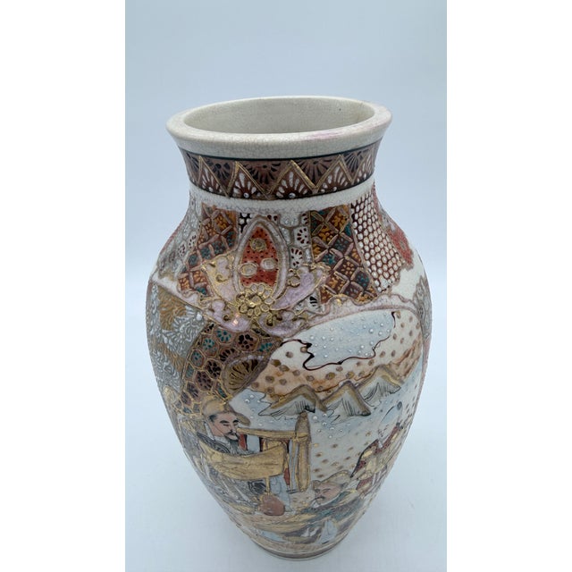 Cream Antique Japanese Satsuma Vase With Figural Panels and Raijin Thunder God, Meiji Period, Circa 1880–1900 For Sale - Image 8 of 15