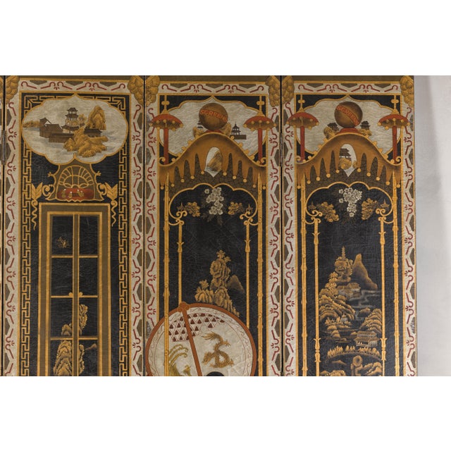 A Late Qing Dynasty Japanese inspired Chinese lacquered six-panel screen. This magnificent Chinese lacquered screen,...