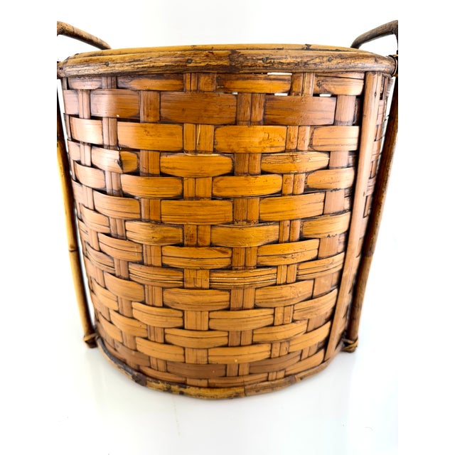 Vintage Handwoven Split Bamboo Gathering Basket With Bentwood Handles For Sale - Image 4 of 9