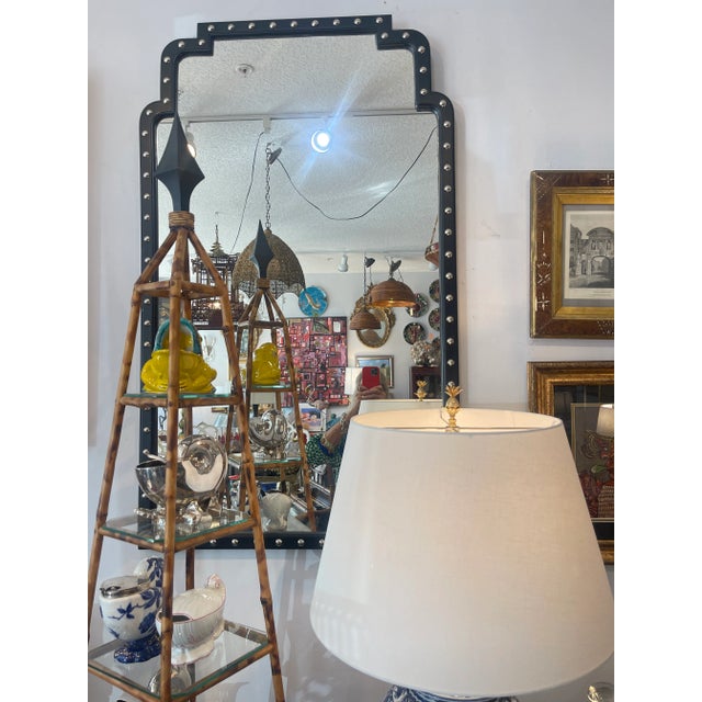 Brown Pair Tall Wood Wall Mirrors With Large Nickel Nail Heads, Mid Century For Sale - Image 8 of 12