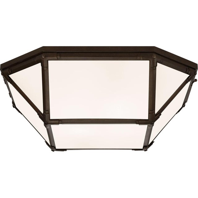 Morris Large Flush Mount in Antique Zinc with White Glass Designer: Suzanne Kasler Canopy: 20" Square Mounting: Flush...
