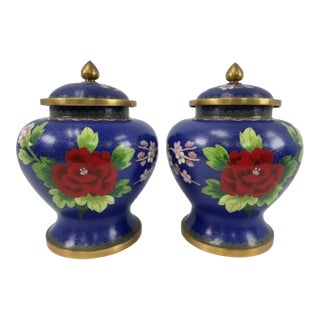 Vintage Chinese Cloisonné Cobalt Blue Floral & Bird Ginger Jars – Pair For Sale