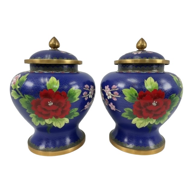 Vintage Chinese Cloisonné Cobalt Blue Floral & Bird Ginger Jars – Pair For Sale