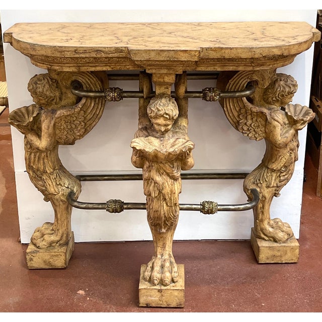 Neoclassical Cast Stone Iron & Brass Angel Caryatid Console Table For Sale - Image 6 of 12
