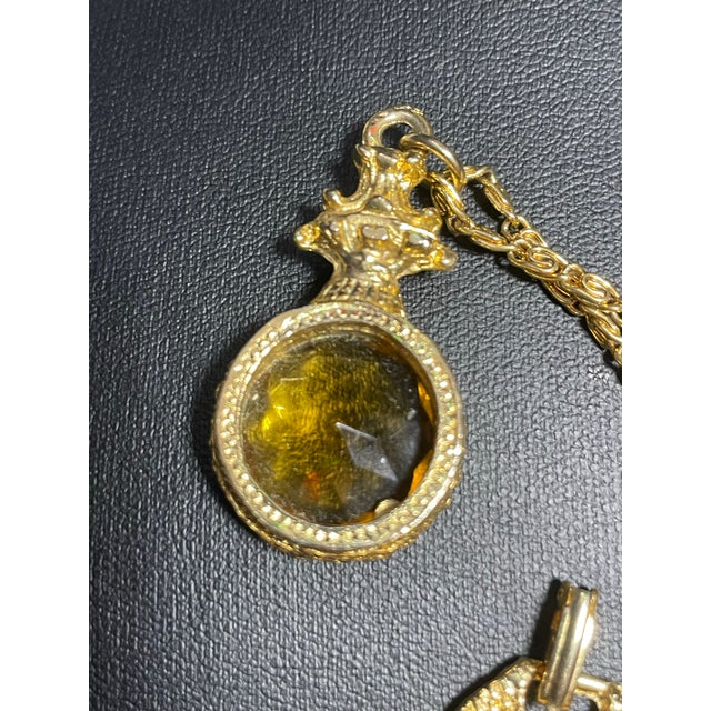 1950s MCM Jewelry by Goldette Signature Style Victorian Revival Multi-Strand Necklace With Enormous Amber Crystal Fob Pendant For Sale - Image 5 of 12