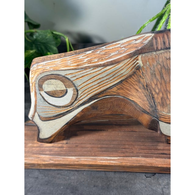 1970s Vintage 1970s MCM Wood Bison Sculpture Herbert H Sandmann Double Sided Carving - One of a Kind - 15.5" For Sale - Image 5 of 9
