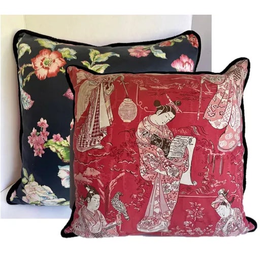 Pair of Custom Made Geisha Floral Down Filled Pillows For Sale - Image 12 of 12