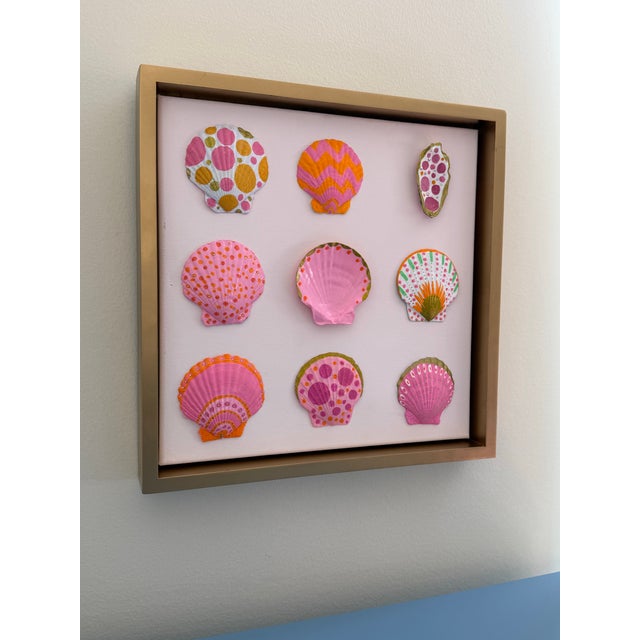 Hand-Painted Pink Seashell Art With Rhinestone Details in Gold Floating Frame – 12” X 12” For Sale In Philadelphia - Image 6 of 6
