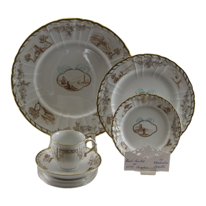 1990’s Vintage/New KPM Hand-Painted 5-Piece Place-Setting Gold With Landscape Decoration