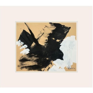 Vintage French Mid Century Black and White Abstract Bird Painting on Paper, Signed With Mat For Sale