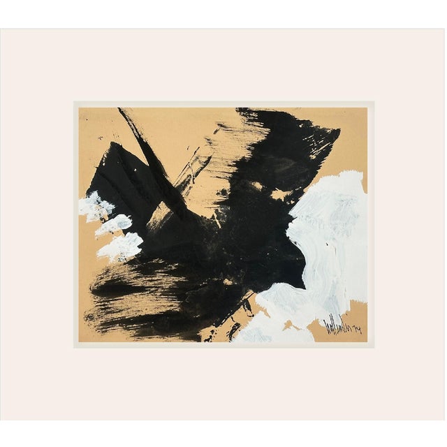 Vintage French Mid Century Black and White Abstract Bird Painting on Paper, Signed With Mat For Sale