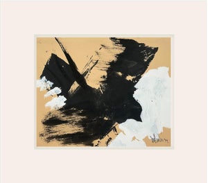 Vintage French Mid Century Black and White Abstract Bird Painting on Paper, Signed With Mat