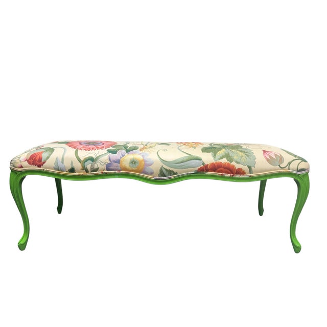 Brighten up any room with this Vintage Boho floral style Upholstered bench in original fabric, newly lacquered in lime...