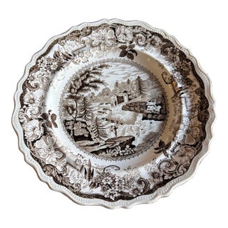 Antique Brown Transferware Staffordshire Plate, "Baker's Falls, Hudson River" For Sale