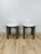 This clean and sophisticated pair of vintage beige marble top end tables with gray metal bases are a practical and good-...