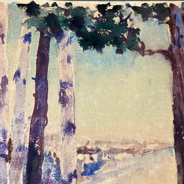 Impressionist 1970’s Vintage Modernist Tree Lined Landscape Watercolor Painting Signed For Sale - Image 3 of 7