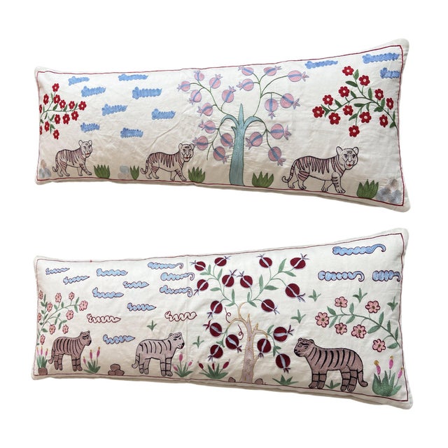 Mid-Century Modern White Tiger Suzani Lumbar Pillow Cover 19'' X 53'' - Set of Two For Sale - Image 3 of 4