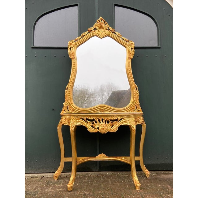 Mid 20thC French Louis XVI Rococo Gold Console Table With Mirror - Set of 2 Pc For Sale - Image 11 of 11