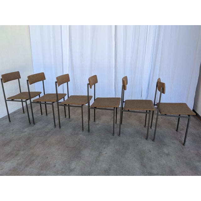 Vintage Industrial School Chairs in Brown Fabric with Black Metal Bases, 1970s, Set of 6 For Sale - Image 6 of 18