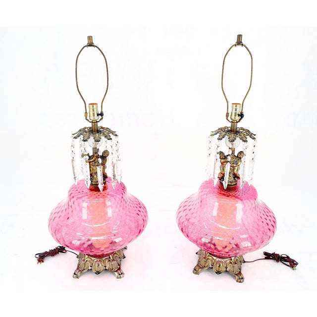 Pink Pair of Large Cranberry Glass Crystal Decorated Table Lamps MINT! For Sale - Image 8 of 15