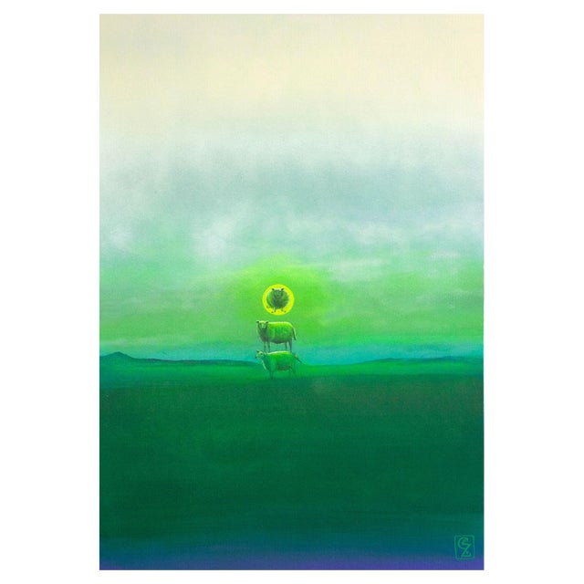 Sheep Eclipse - Abstract Colorfield Surrealist Landscape, Acrylic on Paper, 2024 For Sale