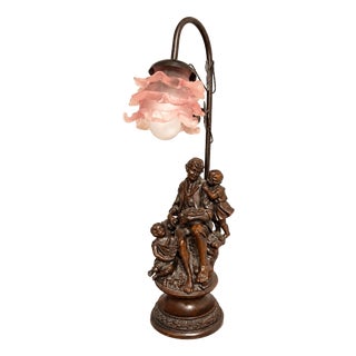 Antique Napoleon III Spelter Lamp with Pink Glass Lampshade, 1890s For Sale