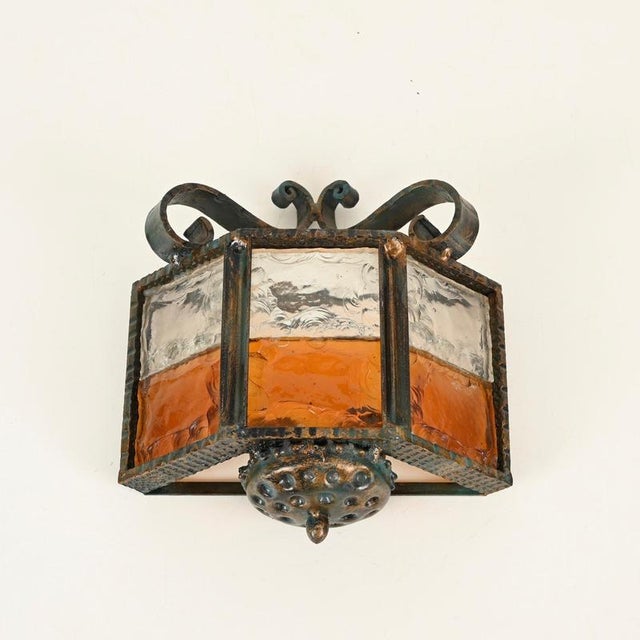 Brutalist Wrought Iron and Amber Glass Sconces from Longobard, Italy, 1970, Set of 2 For Sale - Image 9 of 16