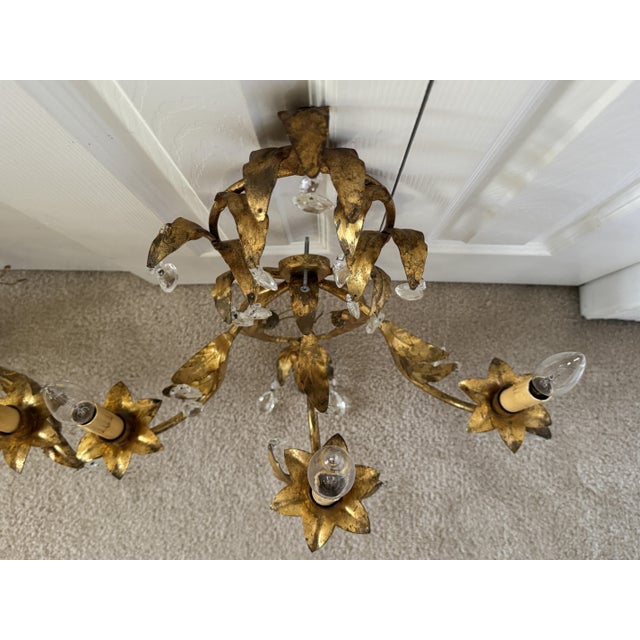 Mid 20th Century Florentine or Hollywood Regency Italian Gilt Tole & Crystal Wall Sconces - A Pair For Sale - Image 10 of 13