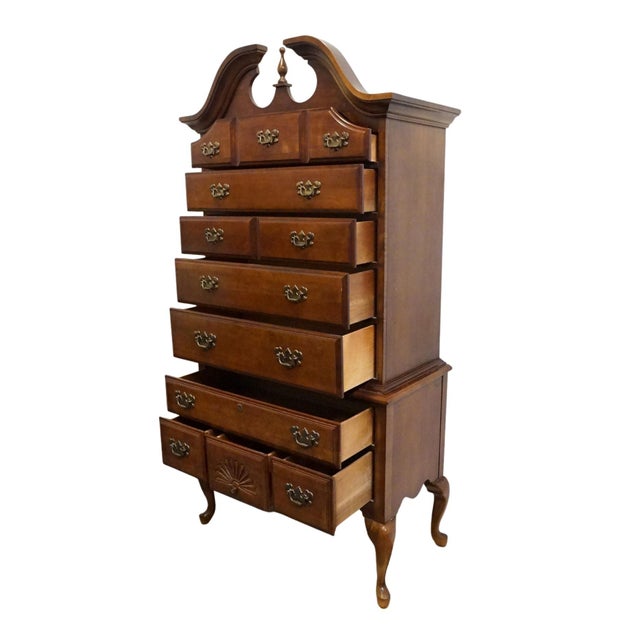 Late 20th Century American Drew Solid Cherry Traditional Queen Anne 38" Pediment Highboy Chest 76-292 / 76-293 For Sale - Image 5 of 12