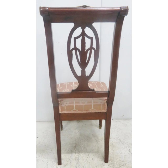 Very fine quality pair of French chairs , Mahogany frames with all over satinwood inlay and brass ormolu mounts. seat...