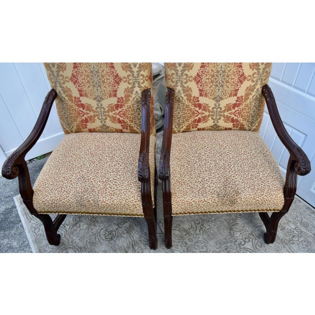 Vintage (1980s) Pair of Chairs has a Tudor Style. Made by Laneventure. The Frames are Wood. Carved Wood with a Stretcher...