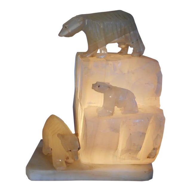 Vintage Mid 20th C. Carved Alabaster Iceberg/Polar Bear Illuminated Sculpture For Sale