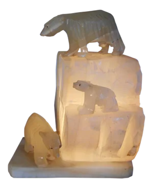 Vintage Mid 20th C. Carved Alabaster Iceberg/Polar Bear Illuminated Sculpture