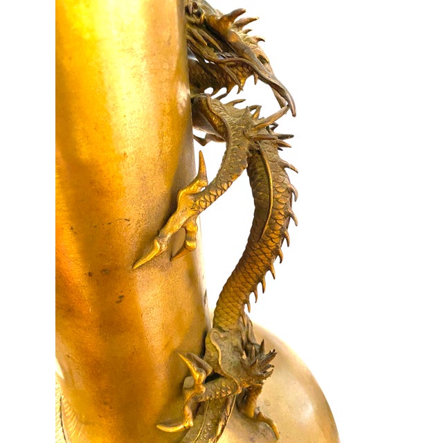Antique Japanese Bronze High Relief Dragon Lamp Large 36" Meiji Period With Engraved Base For Sale - Image 11 of 18