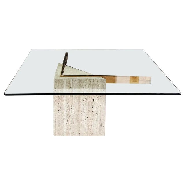 Vintage Travertine and Brass Artedi Glass Coffee Cocktail Table, 1970s For Sale